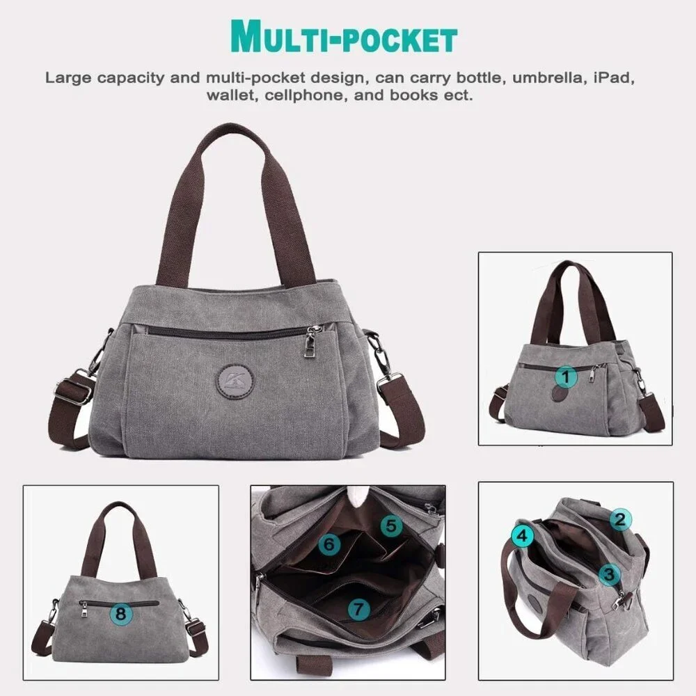 Canvas Hobo Handbag Women Multi Compartment Tote Crossbody Purse
